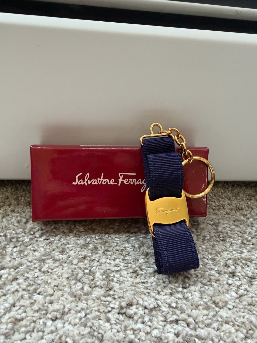 Salvatore Ferragamo Vara Bow Ribbon Keychain – Navy Grosgrain & Gold Tone - Picture 1 of 7